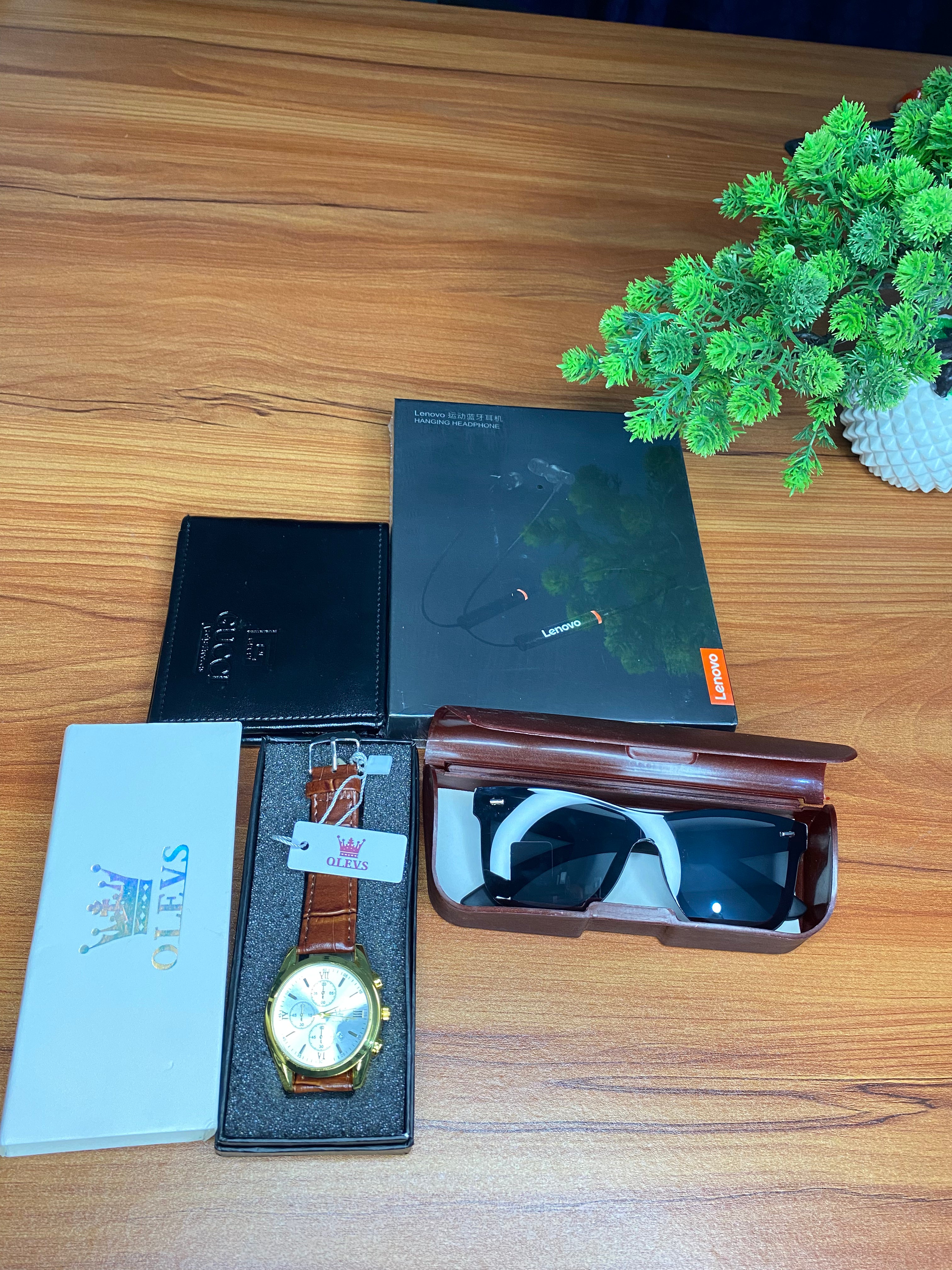 Premium 4-in-1 Combo Pack – Watch, Sunglass, Wallet & Lenovo Neckband (Free Home Delivery)