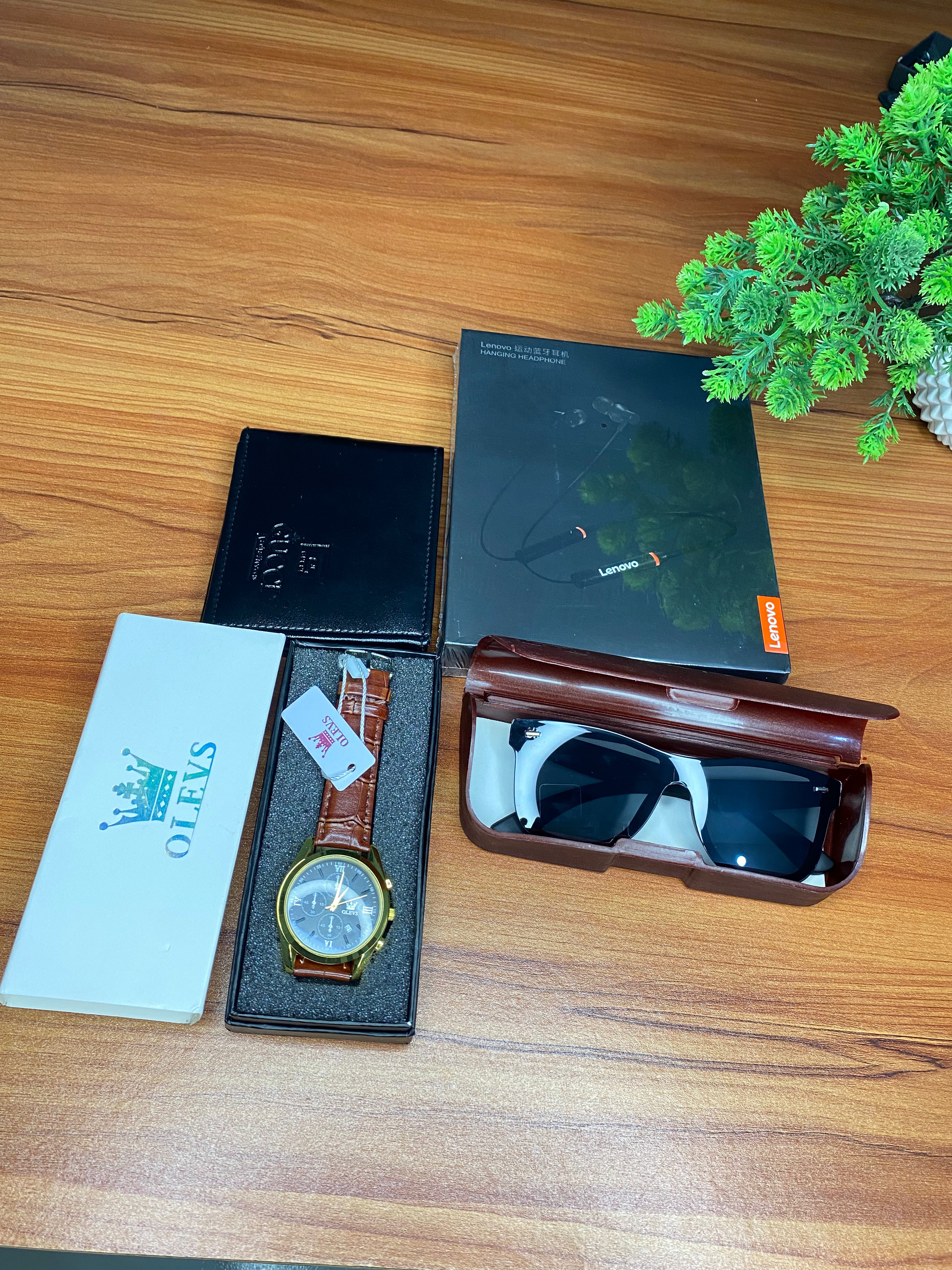 Premium 4-in-1 Combo Pack – Watch, Sunglass, Wallet & Lenovo Neckband (Free Home Delivery)